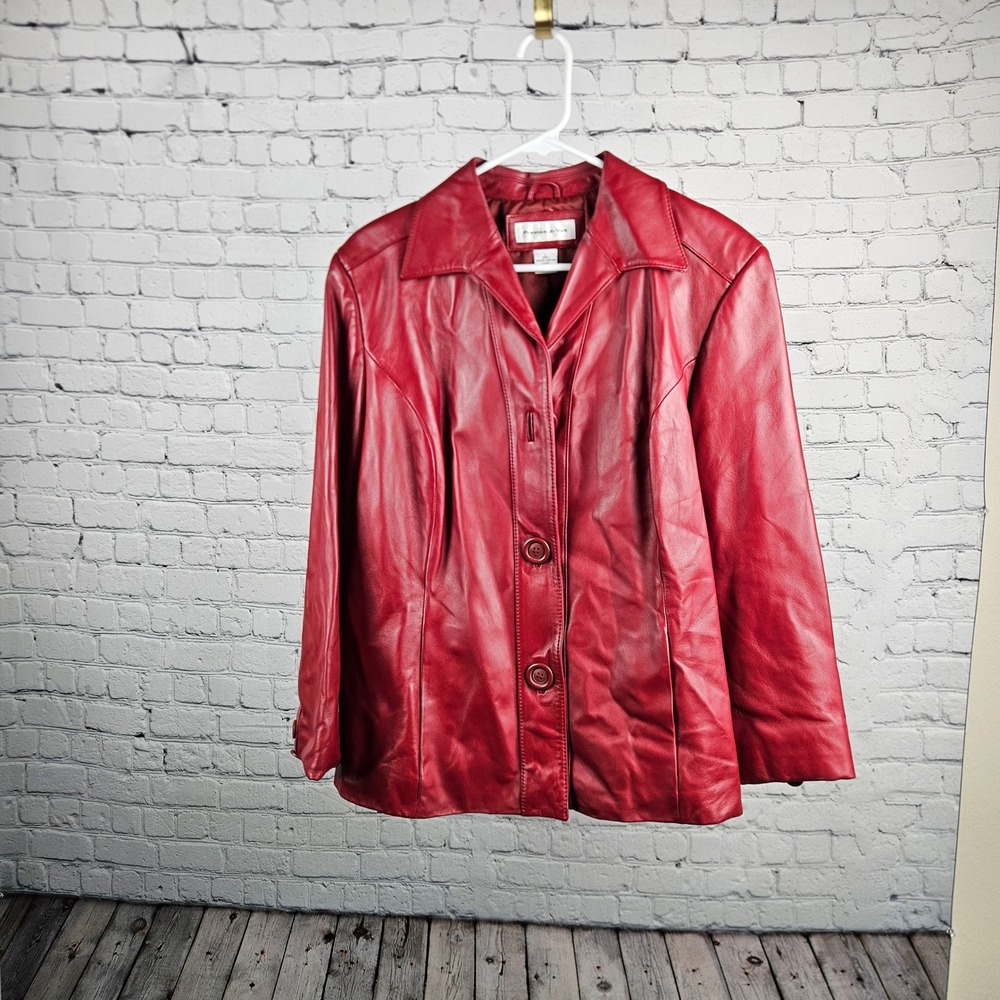 Preston & York Red Genuine Lambskin Leather Jacket Women Size Large Button Front